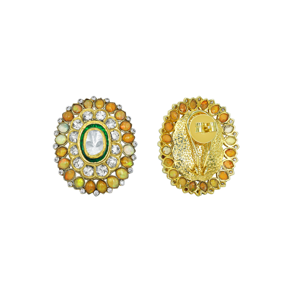 Polki Diamond Studs with Green Enamel and Opal Gemstone Halos